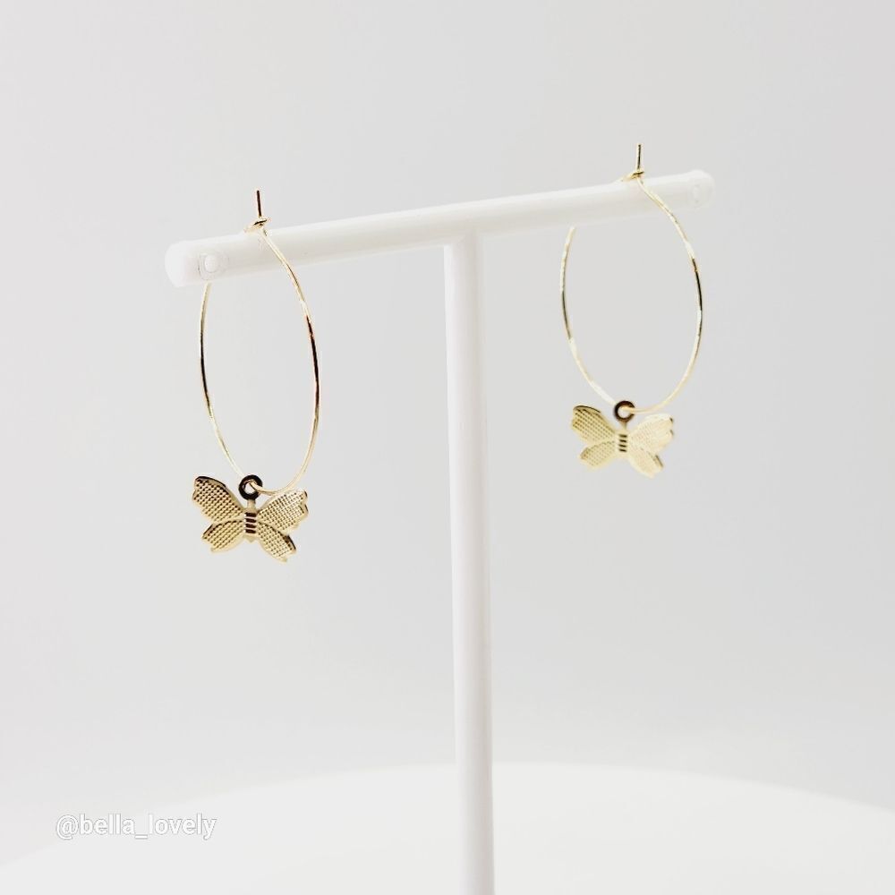 Lightweight Gold Toned Hoop Earrings with Drop Dangle Butterfly